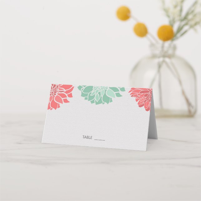 Tarjeta De Asiento Coral y Mint Dahlia Boda Floral (Anverso)