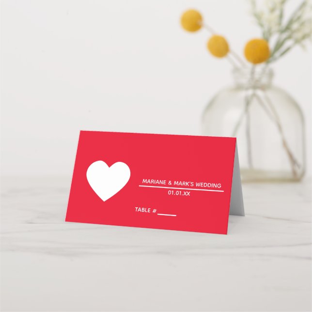 Tarjeta De Asiento Corazón Boda de Mesa Blanco Rojo (Anverso)