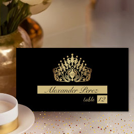 Tarjeta De Asiento Corona de Tiara, princesa quinceanera negra y dora