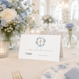 Tarjeta De Asiento Corona floral azul cruz dorada bautizo niño