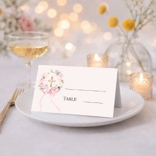 Tarjeta De Asiento Corona floral rosa cinta de lazo dorada