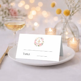 Tarjeta De Asiento Corona floral rosa cruz dorada bautizo