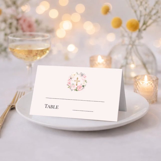 Tarjeta De Asiento Corona floral rosa cruz dorada bautizo (Subido por el creador)