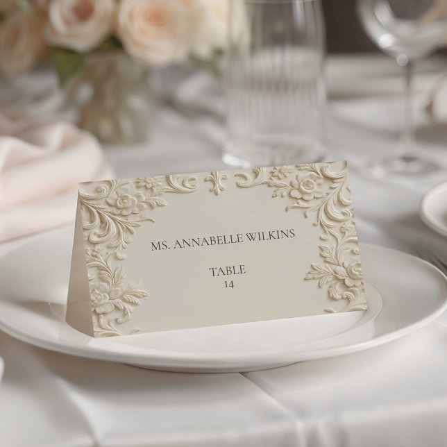 Tarjeta De Asiento Cream Embossed Floral Scroll Ivory Table (Cream Embossed Floral Scroll Ivory Table Place Card)