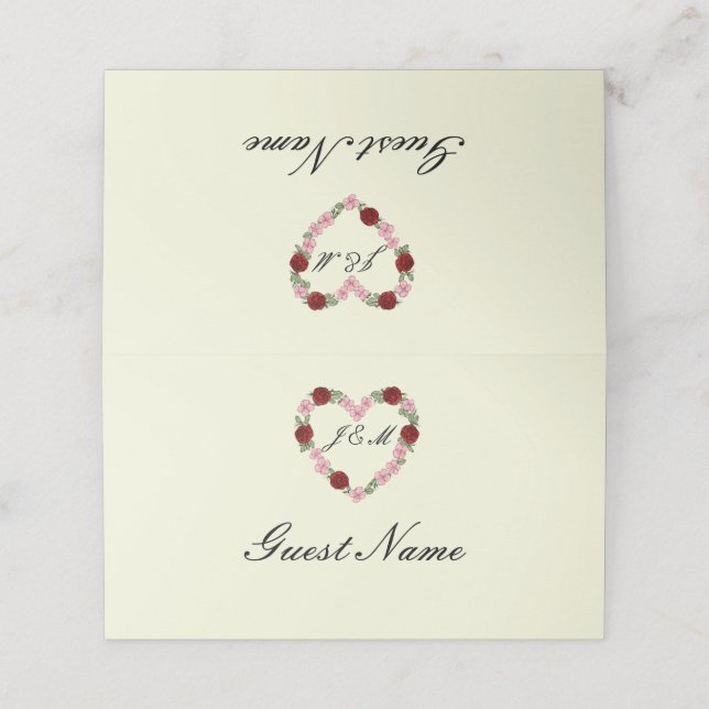Tarjeta De Asiento Cream folded place card floral heart Guest's name (Exterior desplegado)