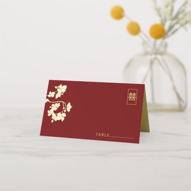 Tarjeta De Asiento Cream Peach/Plum Blossoms Doble Happiness Boda (Anverso)