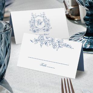 Tarjeta De Asiento Crest Floral Azul Monograma Boda Elegante