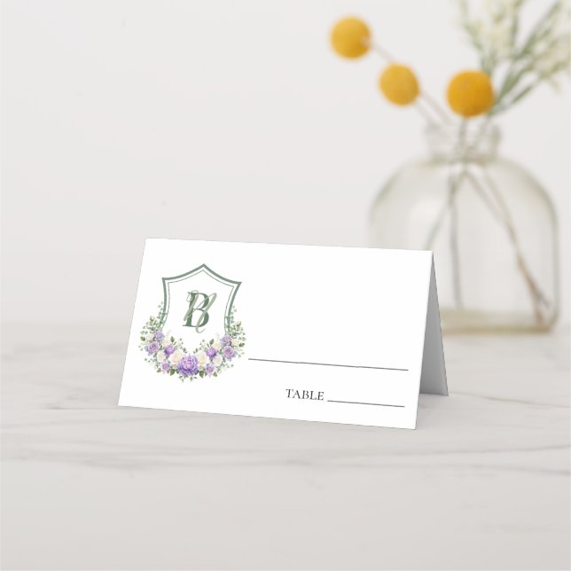 Tarjeta De Asiento Crest Floral Blanco Morado Boda (Anverso)