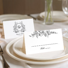 Tarjeta De Asiento Crest Floral Monograma Boda Elegante