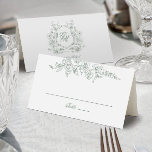 Tarjeta De Asiento Crest Floral Verde Salvia Monograma Elegante Boda