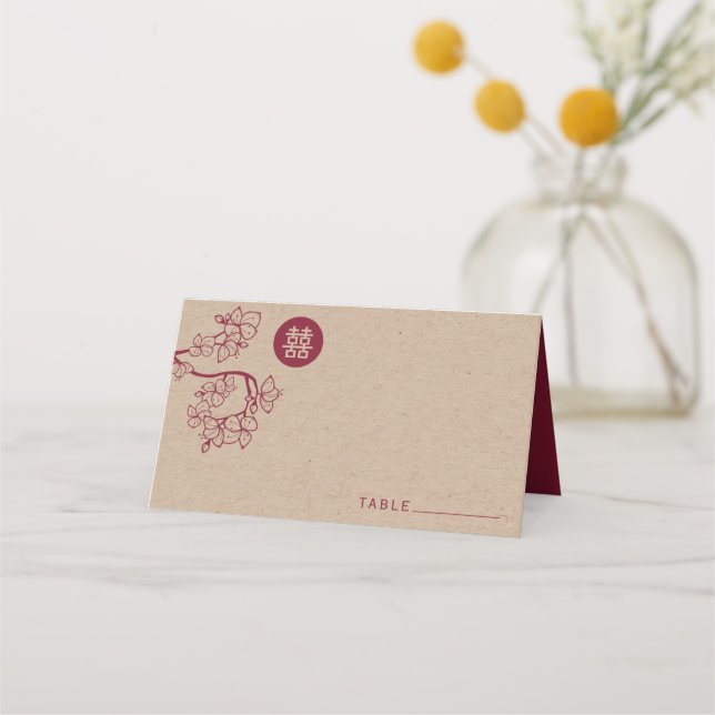 Tarjeta De Asiento Crimson Peach/Plum Blossoms Kraft Boda chino (Anverso)