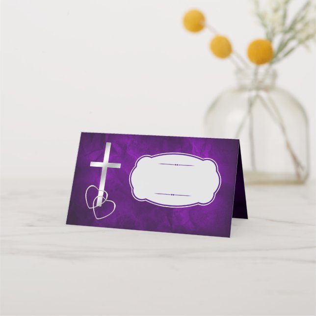 Tarjeta De Asiento Cruz cristiana morada-plateada Boda (Anverso)