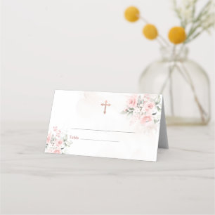 Tarjeta De Asiento Cruz floral rosa sonrosado bautizo cruz de bautism