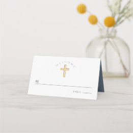 Tarjeta De Asiento Cruz Religiosa Bautizo Niño Azul