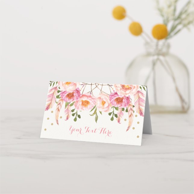 Tarjeta De Asiento Cumpleaños de atrapasueños floral rosa boho dorado (Anverso)