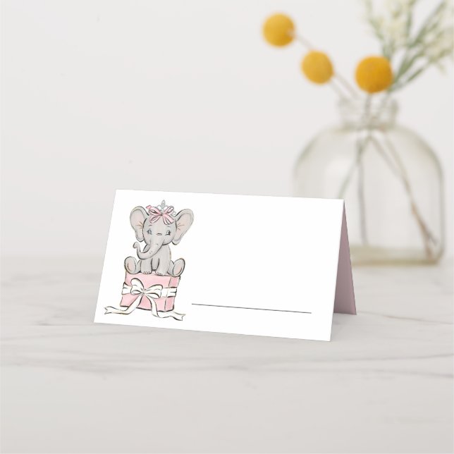 Tarjeta De Asiento Cumpleaños de niña elefante corona princesa rosa (Anverso)