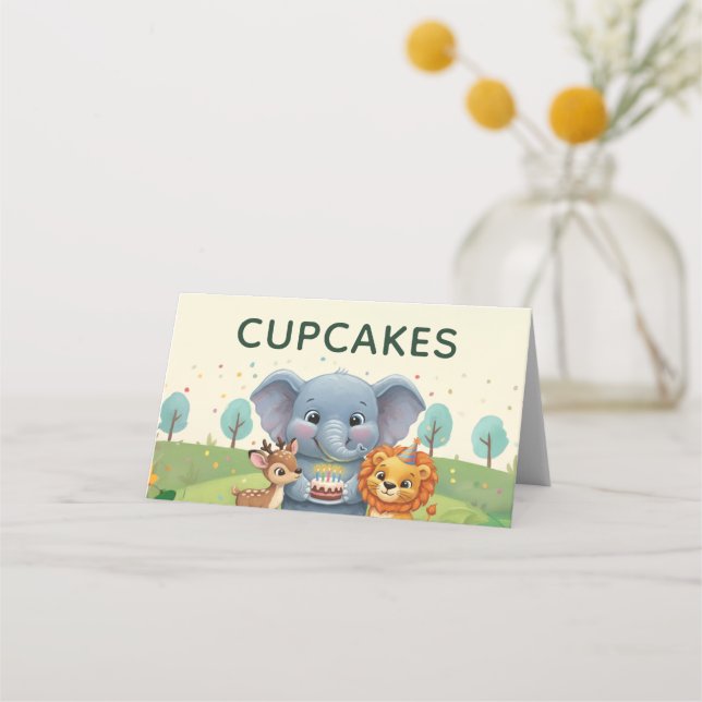 Tarjeta De Asiento Cupcakes Dulces de Cumpleaños de Animales del Bosq (Anverso)