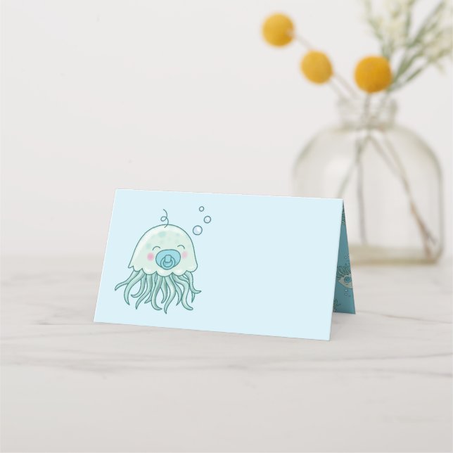Tarjeta De Asiento Cute Jellyfish Baby Shower Kawaii Blue Boy (Anverso)