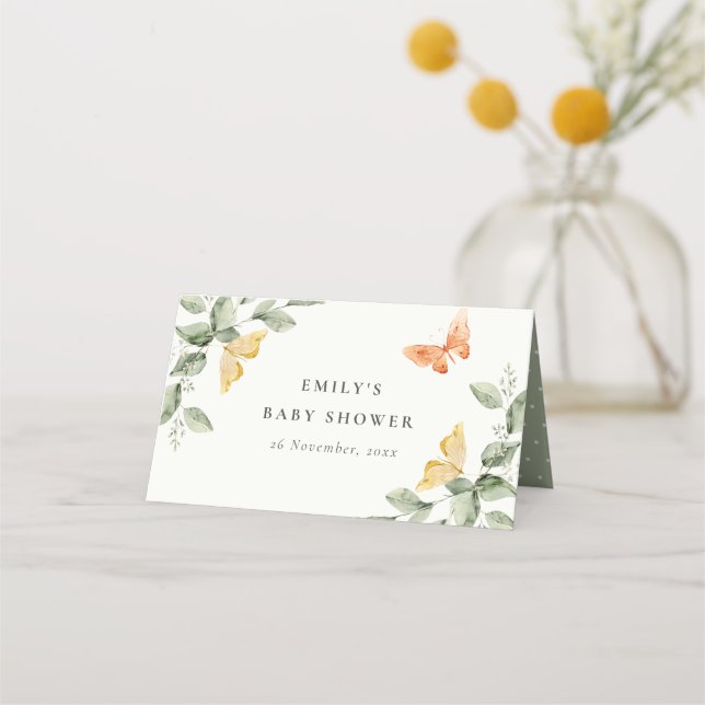 Tarjeta De Asiento Cute Yellow Garden Foliage Butterflies Baby Shower (Anverso)