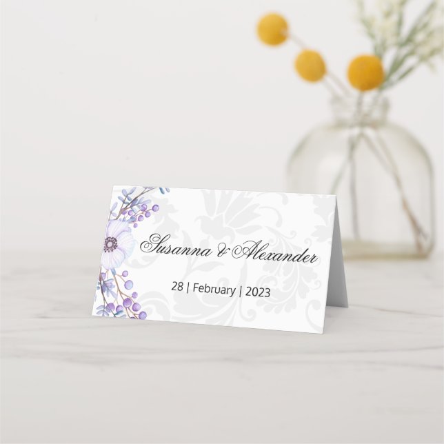 Tarjeta De Asiento Damasco gris y Boda de morado morado (Anverso)
