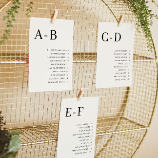 Tarjeta de asiento de boda alfabético de crema