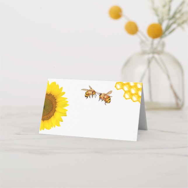 Tarjeta de Asiento de Boda de Girasol y Abeja Rúst (Anverso)
