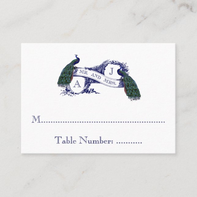 Tarjeta de asiento de Boda de pavo real azul de la (Anverso)