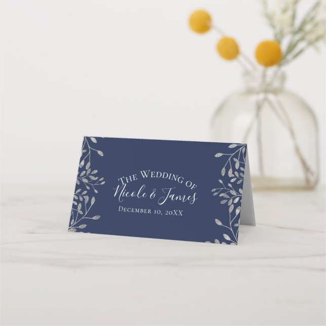 Tarjeta de asiento de boda moderna botánica plata  (Anverso)