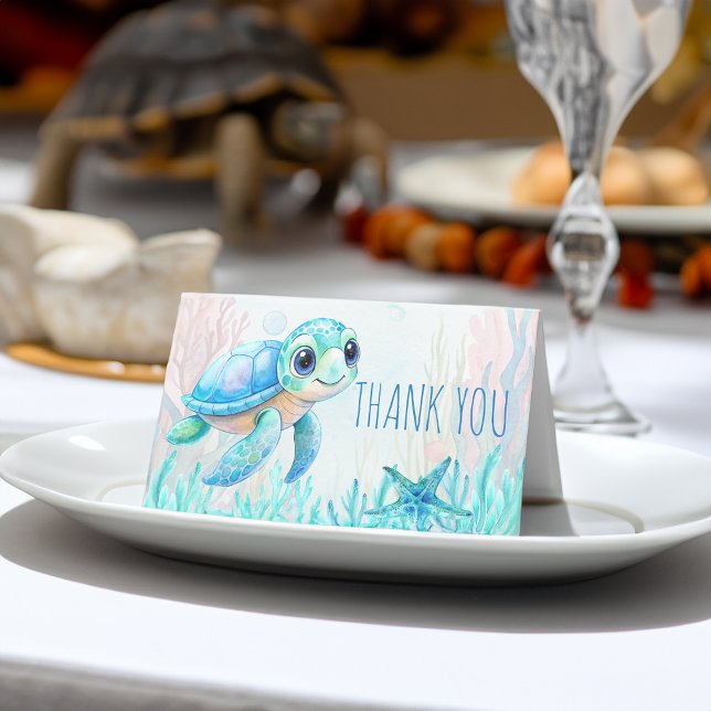 Tarjeta De Asiento Debajo del mar, tortuga azul, ducha bebé, gracias (Under the sea turtle blue baby shower thank you place card cute qua blue baby shower table decor)