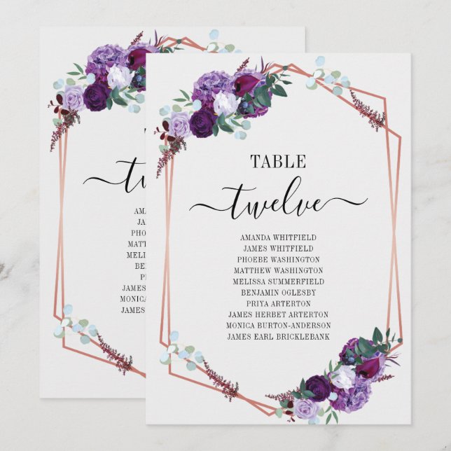 Tarjeta de asiento del Boda Floral Geométrico Purp (Anverso / Reverso)