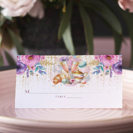 Tarjeta De Asiento Desayuno Nupcial Rosa Dorado Brillo Floral