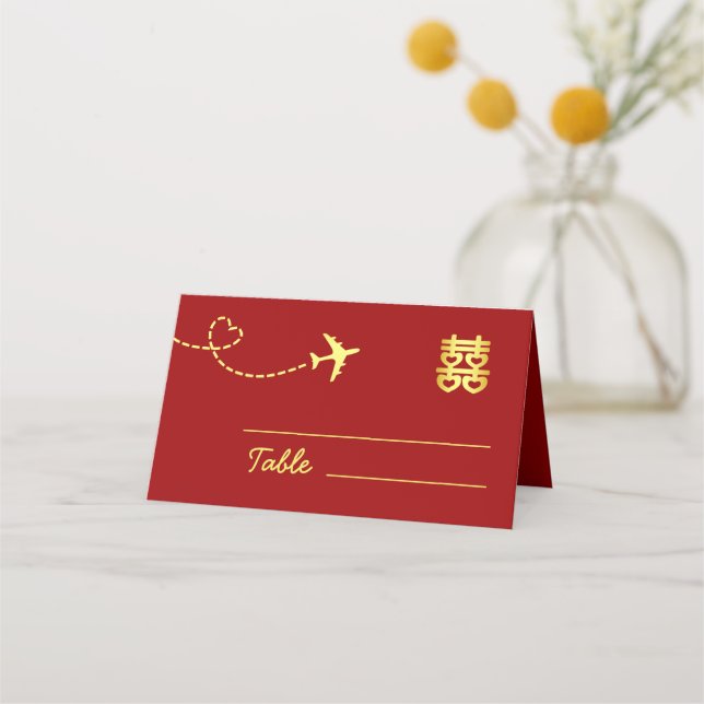 Tarjeta De Asiento Destino rojo Ruta del avión de boda chino (Anverso)