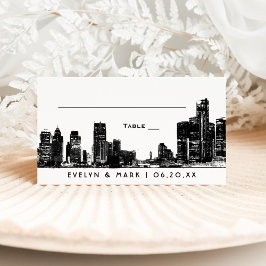 Tarjeta De Asiento Detroit Skyline Black Art Deco Boda Monograma
