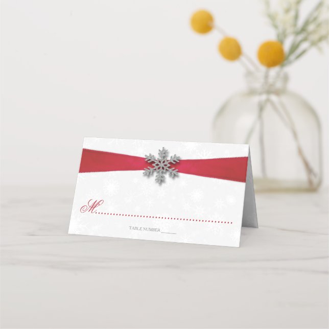 Tarjeta De Asiento Diamante Snowflake & Red Ribbon Boda de Invierno (Anverso)