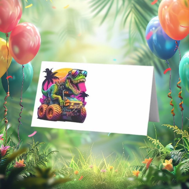 Tarjeta De Asiento Dino Monster Truck Feliz cumpleaños (Celebrate your little one's big day with our Dino Monster Truck Happy Birthday place card!)