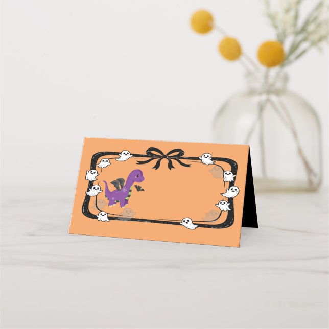 Tarjeta De Asiento Dinosaur de Halloween con alas de murciélago naran (Anverso)