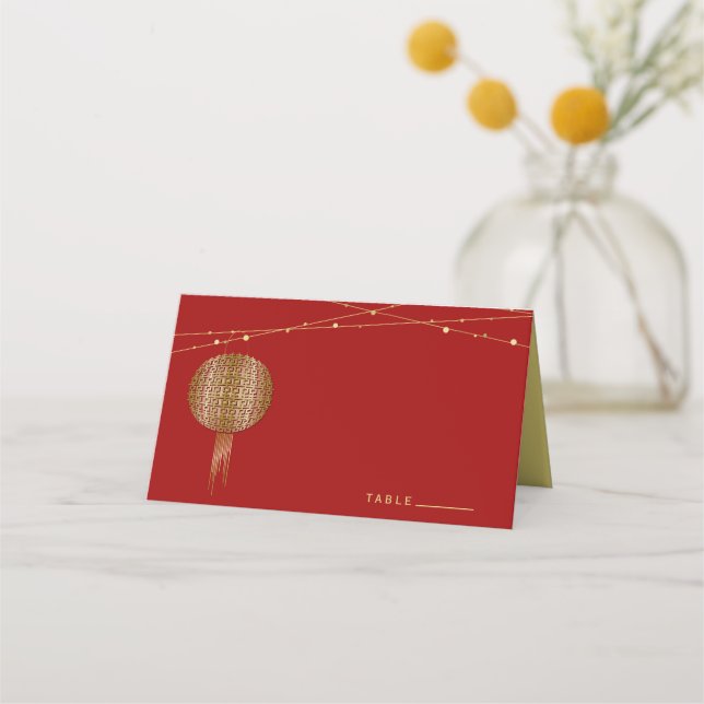 Tarjeta De Asiento Doble felicidad Linternas de oro Boda chino (Anverso)