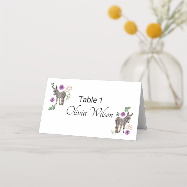 Tarjeta De Asiento Donkey Purple Floral Wedding Place Card (Anverso)