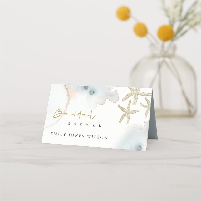 Tarjeta De Asiento Dorado Dusky Blue Beach Starfish Bridal Shower (Reverso)