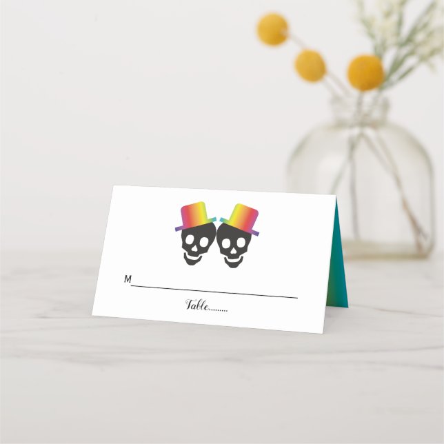 Tarjeta De Asiento Dos novios de cráneo y boda gay confetti (Anverso)