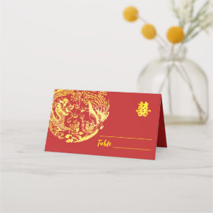 Tarjeta De Asiento Dragón chino de oro rojo y boda del logo de Phoeni