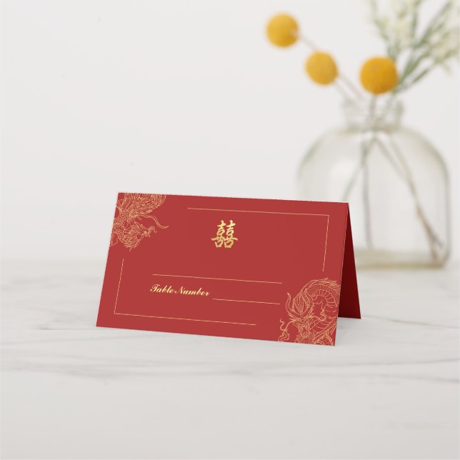 Tarjeta De Asiento Dragon Phoenix Boda Tradicional Chino Rojo (Anverso)