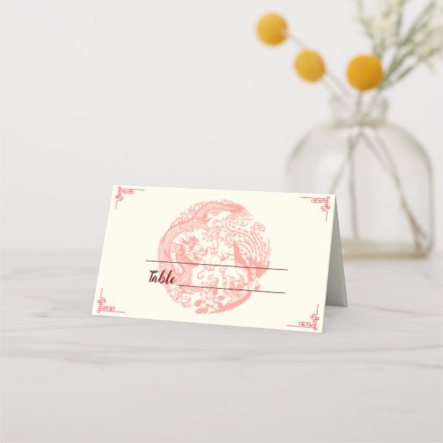 Tarjeta De Asiento Dragón y boda chino beige fénix (Anverso)