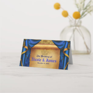 Tarjeta De Asiento Drapes Azules Reales y Dorados con Rollo para Mesa