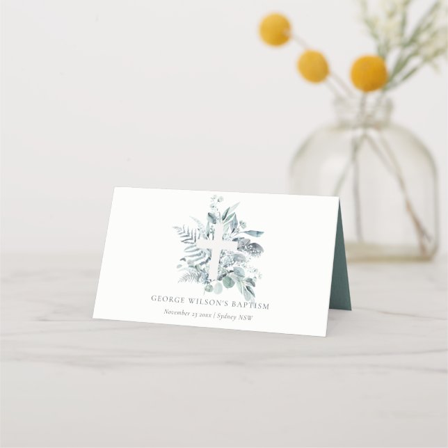 Tarjeta De Asiento Dusky Blue Eucalyptus Fern Foliage Cross Baptism (Anverso)