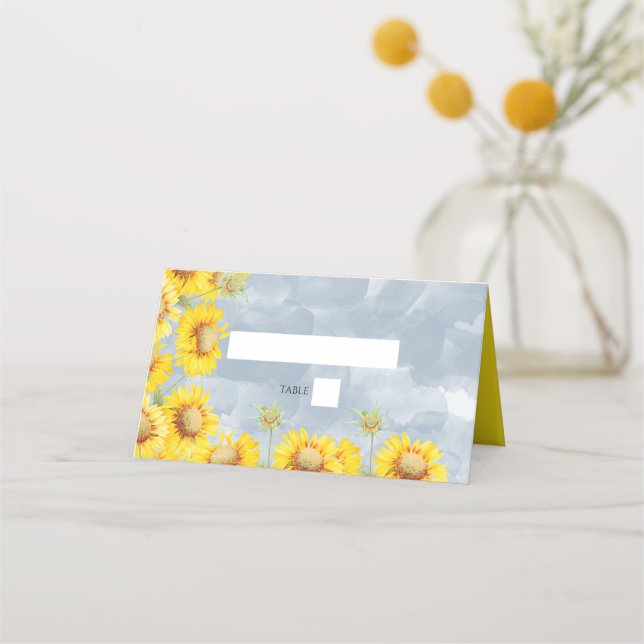 Tarjeta De Asiento Duste Blue Watercolor Sunflowers Monograma Boda (Anverso)