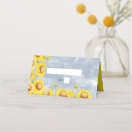 Tarjeta De Asiento Duste Blue Watercolor Sunflowers Monograma Boda
