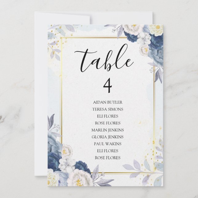 Tarjeta de asiento Dusty Blue and Gold Floral Boda (Anverso)