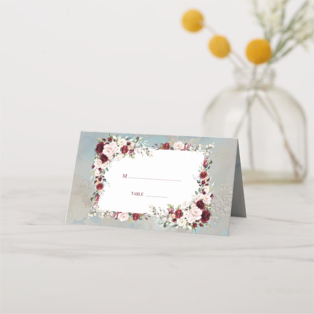 Tarjeta De Asiento Dusty Blue Burgundy Rubor Floral Elegant Wedding (Anverso)