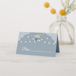Tarjeta De Asiento Dusty Blue Country Boda de encaje blanco combinado